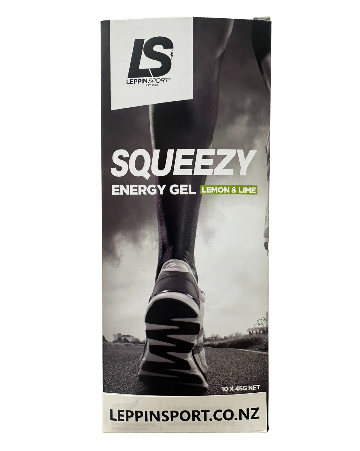 A tall rectangular product box for LeppinSport SqueezY Energy Gel, Lemon & Lime flavor. The packaging features a black and white photo of a runner's legs and shoe, with white text and a small lime green accent.