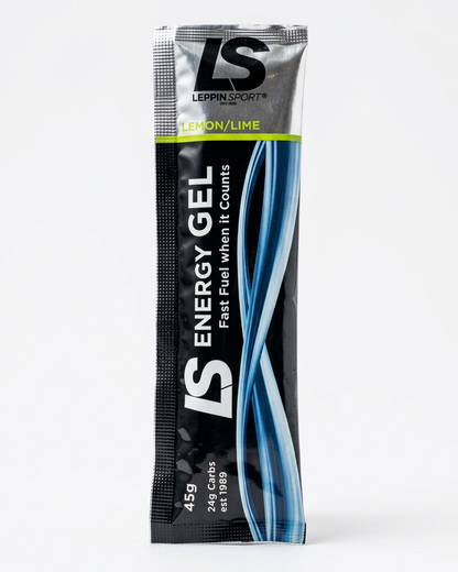 A single packet of LS Energy Gel, a sports drink replacement powder, shown vertically against a plain white background. The packaging is primarily black with blue and white graphic elements and features the LS brand logo.
