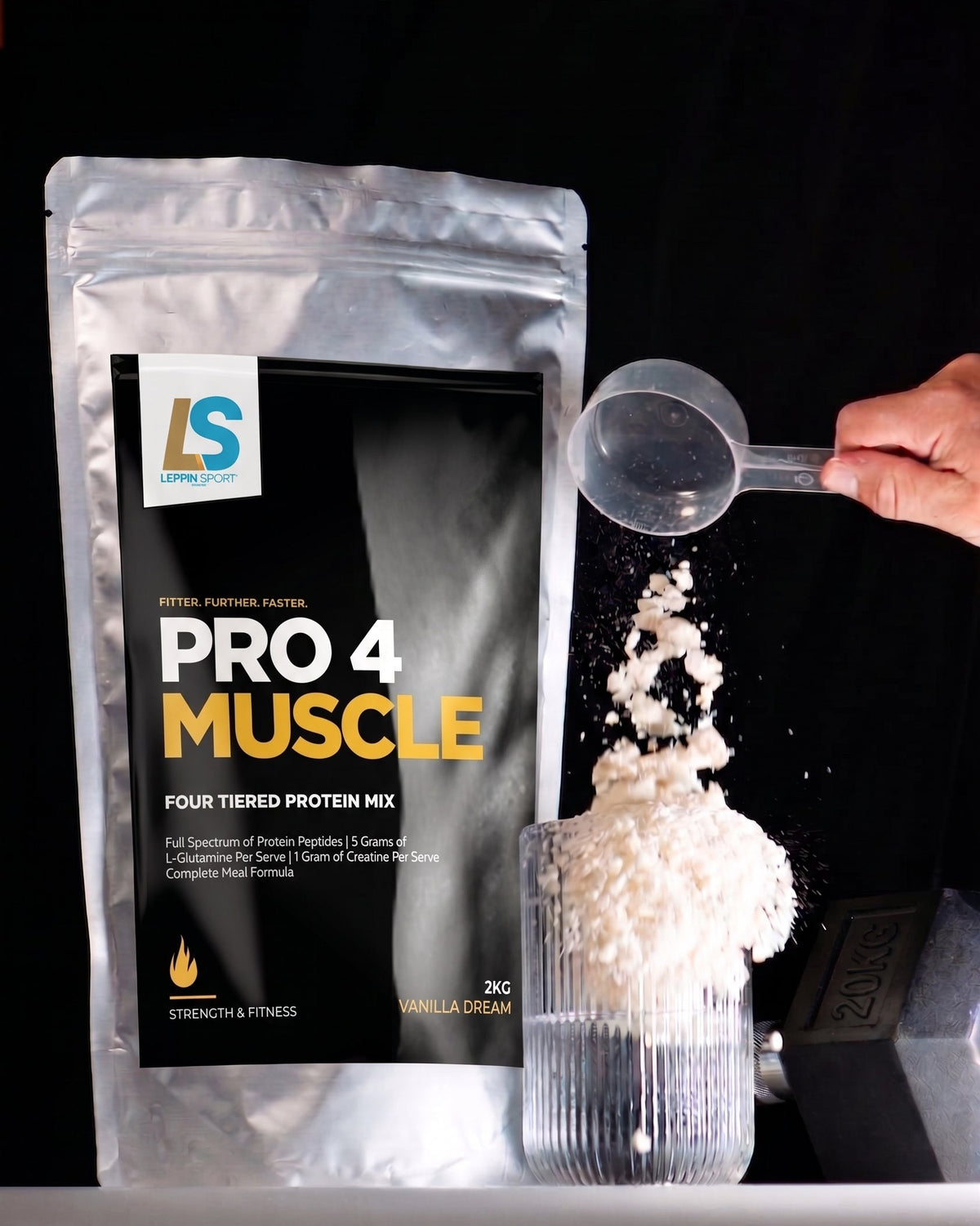 A silver stand-up pouch of LS Nutrition Pro 4 Muscle protein powder is shown next to a clear scoop pouring white powder into a glass against a black background.