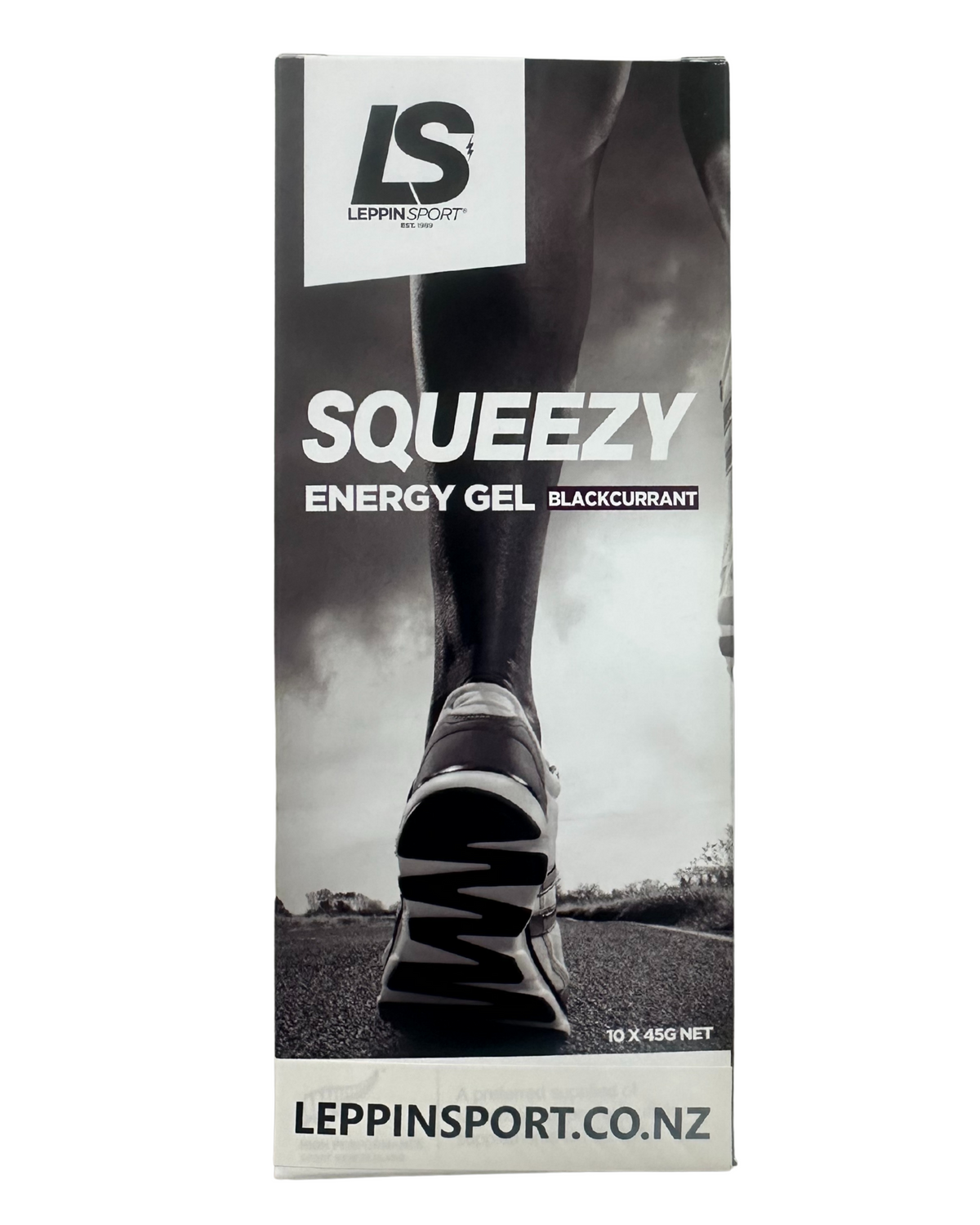 A tall rectangular product box for Leppin's SqueezY Energy Gel in Blackcurrant flavor, featuring a black and white graphic of a runner's foot and shoe on a plain white background.