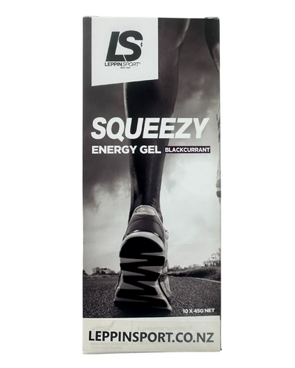 A tall rectangular product box for Leppin's SqueezY Energy Gel in Blackcurrant flavor, featuring a black and white graphic of a runner's foot and shoe on a plain white background.