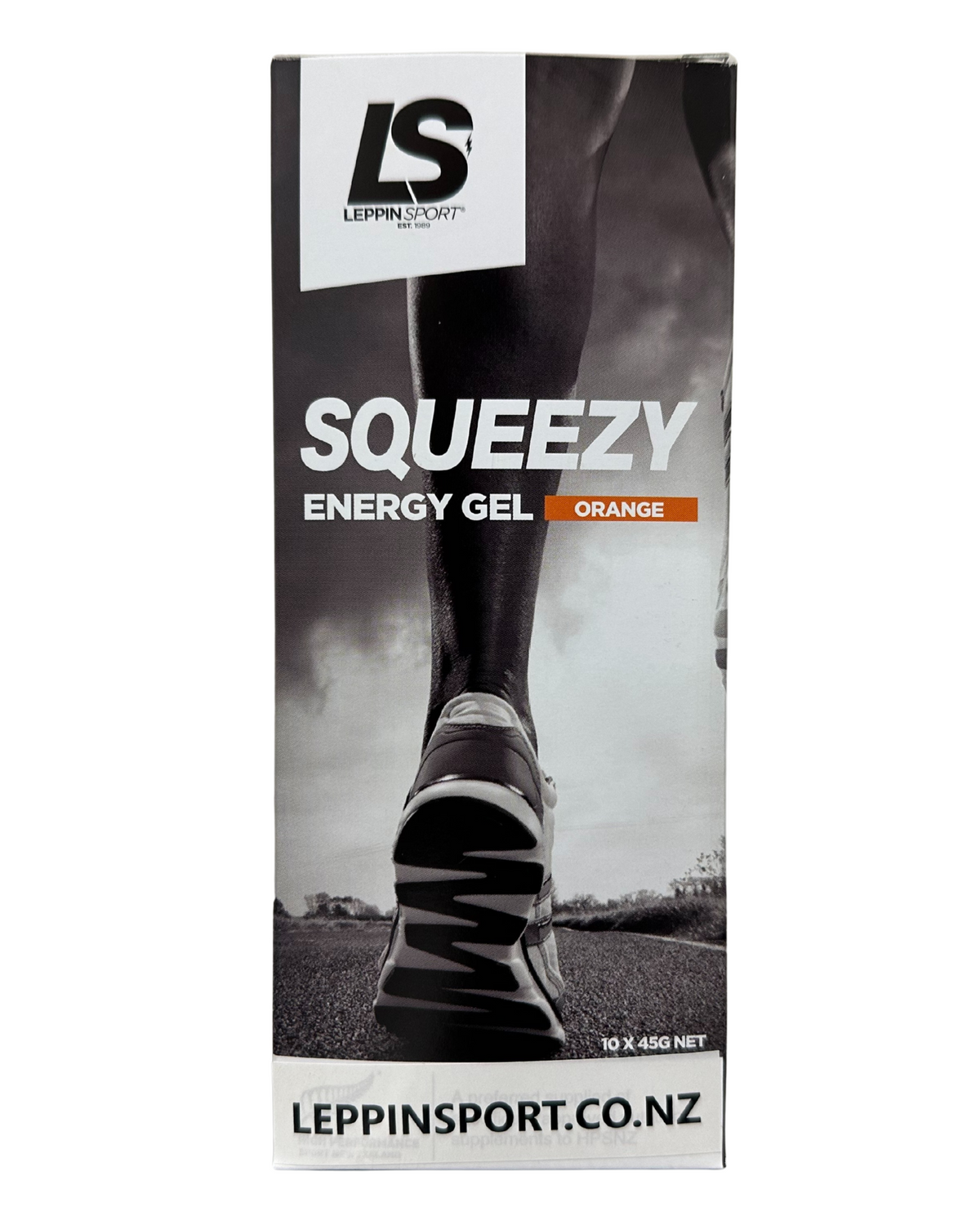A tall rectangular product box for Leppin Sport SqueezY Energy Gel in Orange flavor. The packaging features a black and white photo of a runner's leg and shoe, with white text and an orange accent label.
