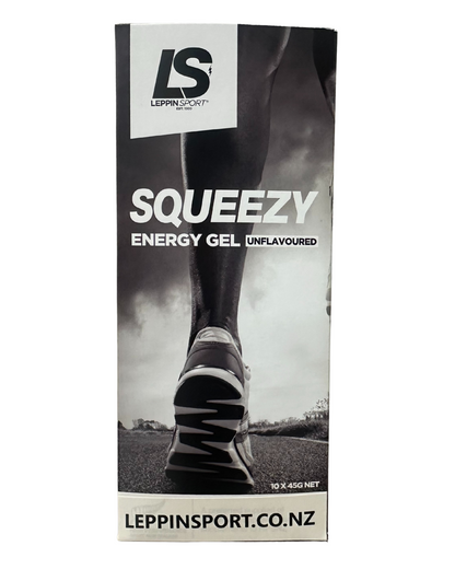 A tall rectangular product box for Leppin Sport Squeezy Energy Gel, featuring a black and white graphic of a runner's foot and shoe, with the brand logo and text on a white background.