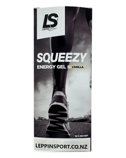 A tall rectangular product box for Leppin Sport Squeezy Energy Gel in Vanilla flavor. The packaging features a black and white graphic of a runner's leg and shoe, with white and yellow text on a white background.
