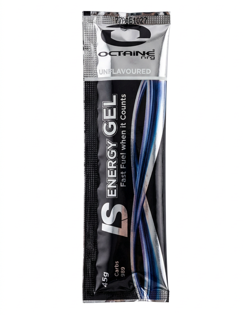 A single packet of Octaine Energy Gel, featuring a metallic silver and black design with blue and white graphics, set against a plain white background.